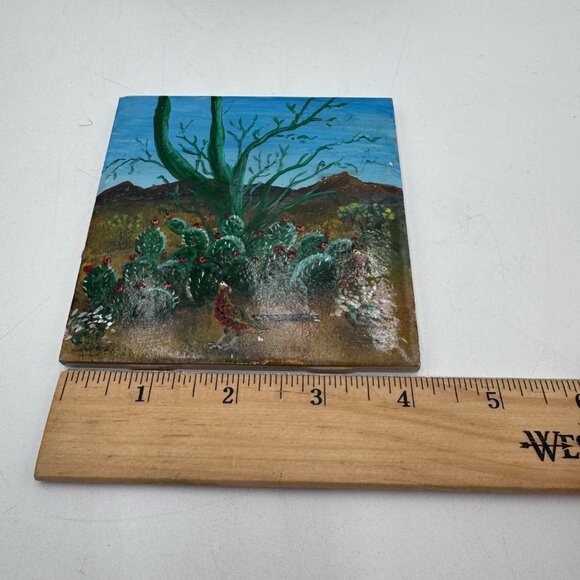 Prickly pear road runner painted tile southwest Arizona scene blue sky small tin - Picture 13 of 16
